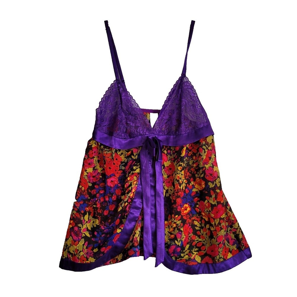 Vintage Victorias Secret Babydoll Cami Small Purple Lace Bust Satin Bow Floral